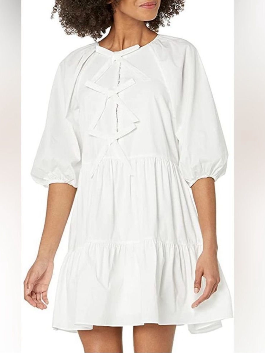 Cinq A Sept Lynn White Cotton Bow Detail Tiered Mini Dress With Puff Sleeve